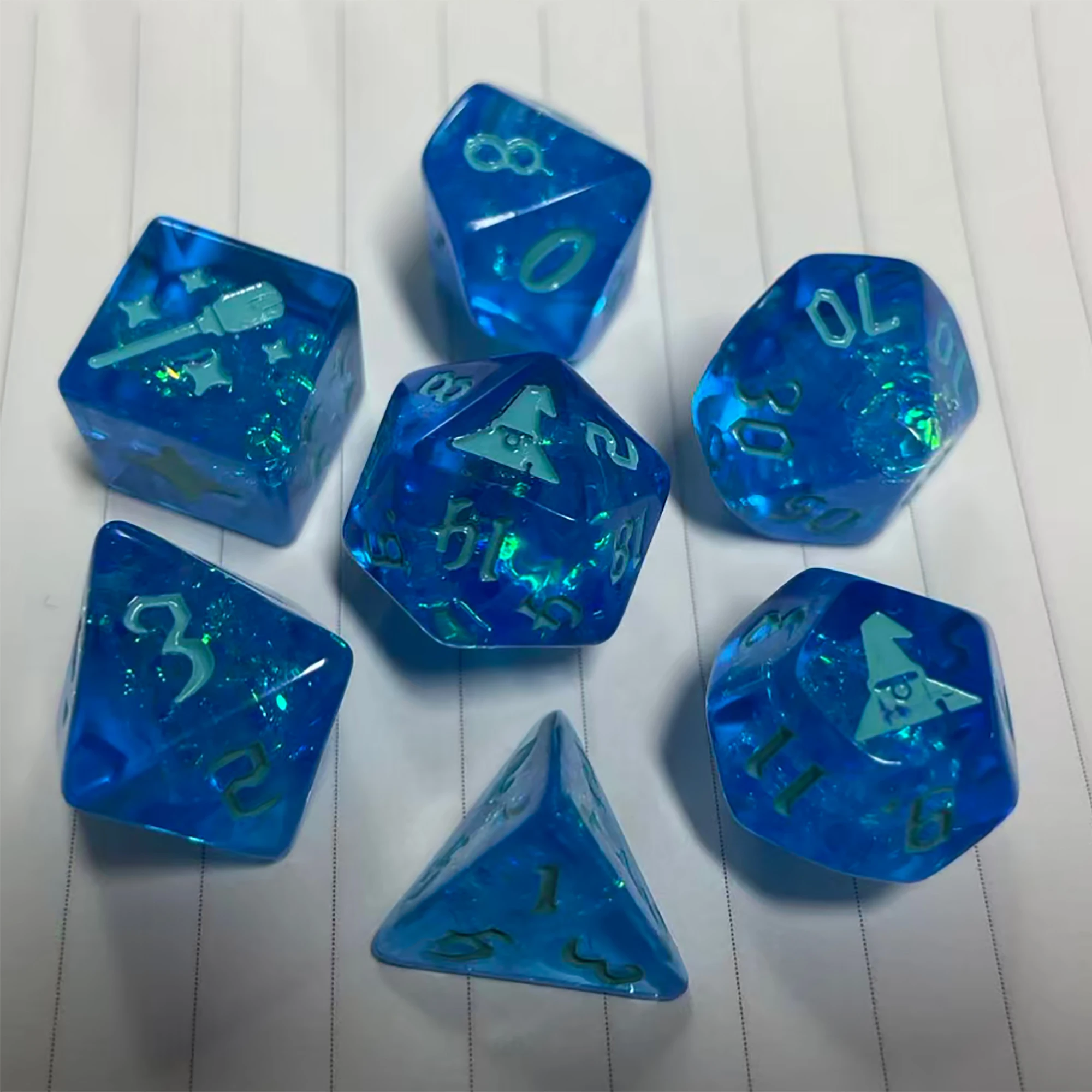 

7pcs DND Resin Dice Set Blue Dice Blue Word Multi-sided Polyhedral Dice for D&D Game COC Role Playing RPG D6~D20