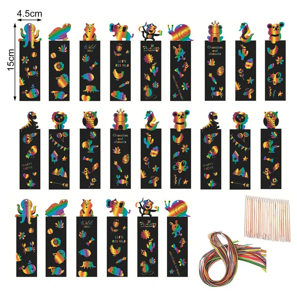 1 Set Scratch Paper Kids Art Bookmarks Scratch Paper Card Handwritten Ribbon Lanyard with Wooden Pen DIY Scratch Paper