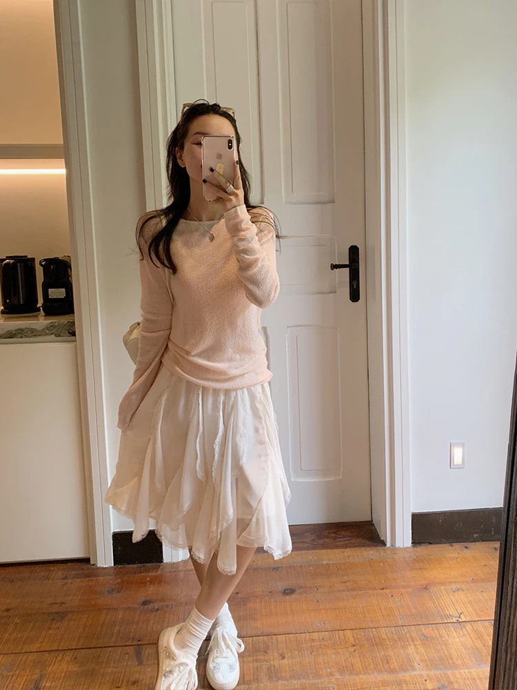 

Pink Woolen Knitted Sweater Lace Fi Tail Skirt Two Piece Set Korean Sle Slimming Base Layer Top for Women Commute Wear