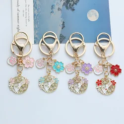 Fashion Enamel Cherry Blossoms Cat Paw Kitten Keychain for Women Sweet Gold Color Metal Key Chain Earphone Case Bag Jewelry Gift