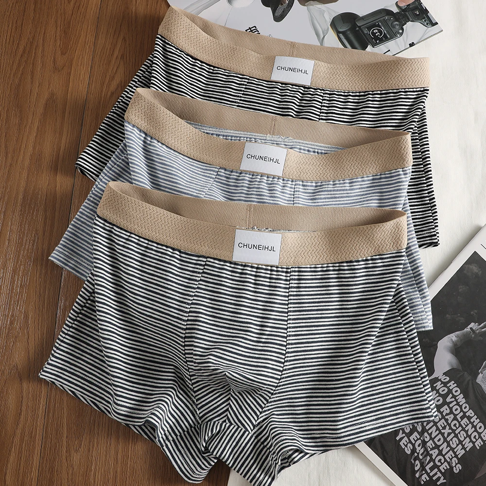 3PCS/Pack 100% Cotton Breathable Men's Panties Antibacterial Crotch Fashion Knit Striped Boxers High Elastic Waist Man Undrewear