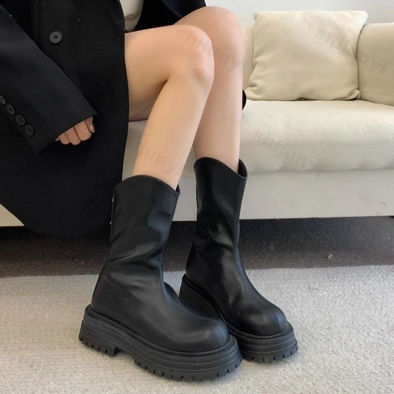Women Boots New Thick Sole Stacked Fashion Brown Black 2025 Short Boots Wrinkled Leather Platform Casual Botines Chelsea Shoes