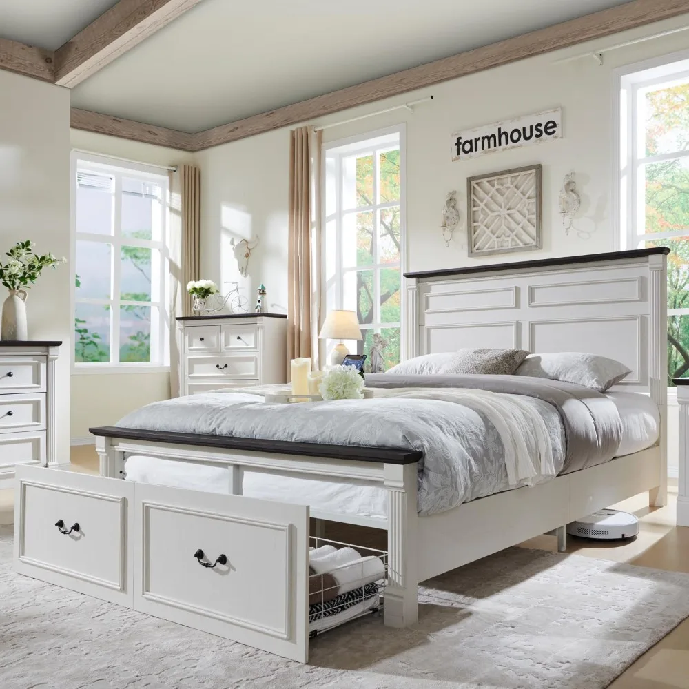 

queen-size farmhouse bed frame with 51" high headboard and 20" roman column footboard