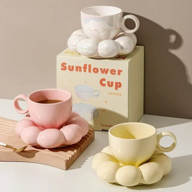 6oz Sunflower Coffee Mug Aesthetic Ceramic Cloud Cup Decorative Saucer Afternoon Tea Water Cup Office Decor Home Mug Drinkware