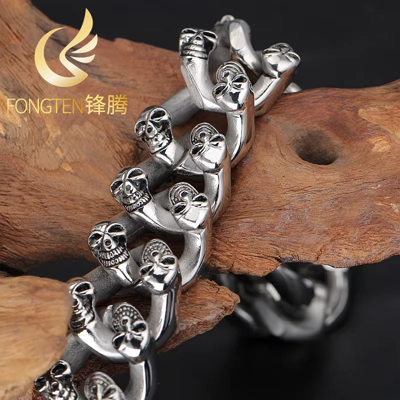 Fongten Fashionable and Unique Double-Row Skull Stainless Steel Men's Bracelet Trendy Wrist Jewelry Halloween Gifts