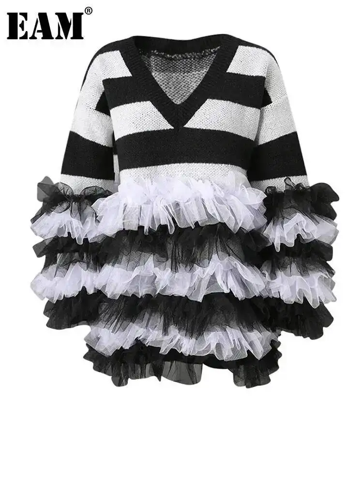 EAM Black Striped Mesh Big Size Knitting Sweater V-Neck Long Sleeve Women Pullovers New Fashion Tide Spring Autumn 2026 CPG503