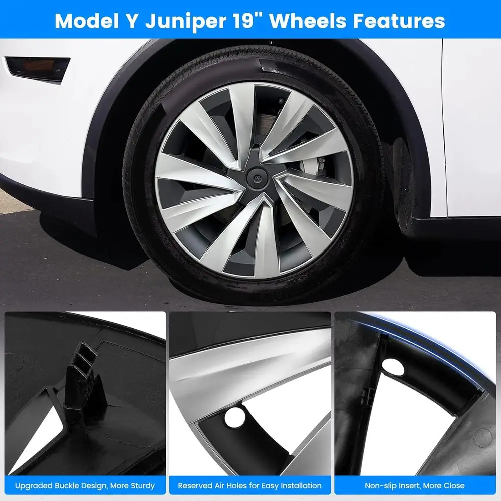 Hubcaps Fit for Tesla Model Y Juniper 2025 2026, 19" Silver + Black Wheel Covers with Center Caps, Cross-Spoke Design Rim Covers