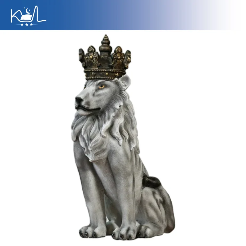 Large Crown Lion Floor Statue, Nordic Modern Resin Sculpture for Living Room TV Cabinet Bar Decor, Minimalist Art Figurine Home