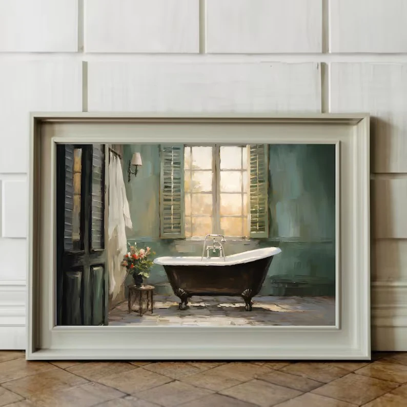 Vintage Bathroom Victorian Bathtub Poster Canvas Painting Watercolor Floral Wall Art Pictures Home Toilet Farmhouse Decor