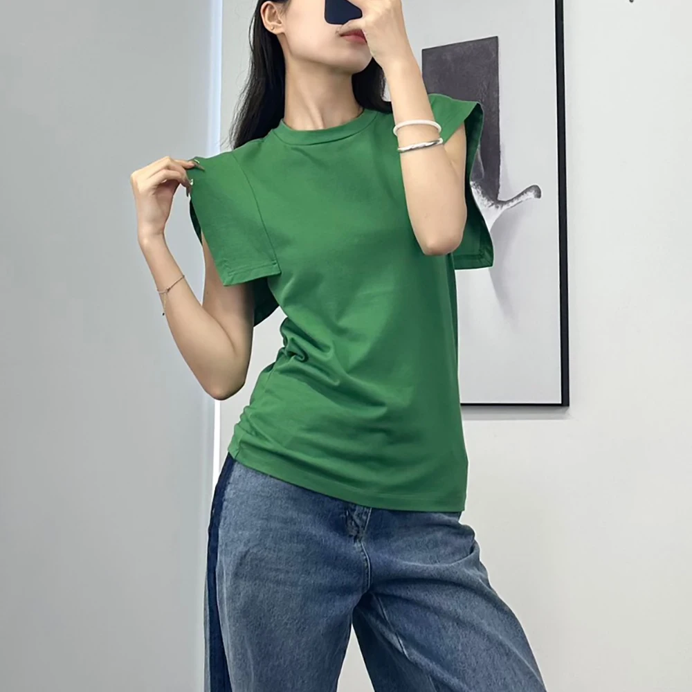 Cotton T-shirt with Splicing Wide Shoulder Design,Simple Commuter Versatile,Round Neck,Sleeveless Tees,New Top,Summer,Y2k,2024