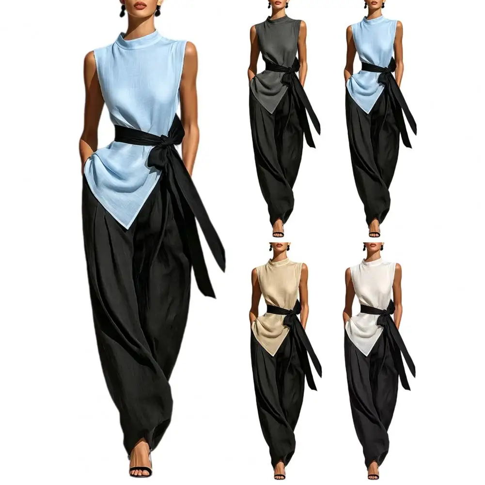 

Women's Two-piece Sleeveless Wide-leg Trousers New In Summer Casual Fashion Solid Color Suit For Women Loose Fit Outfit For Home