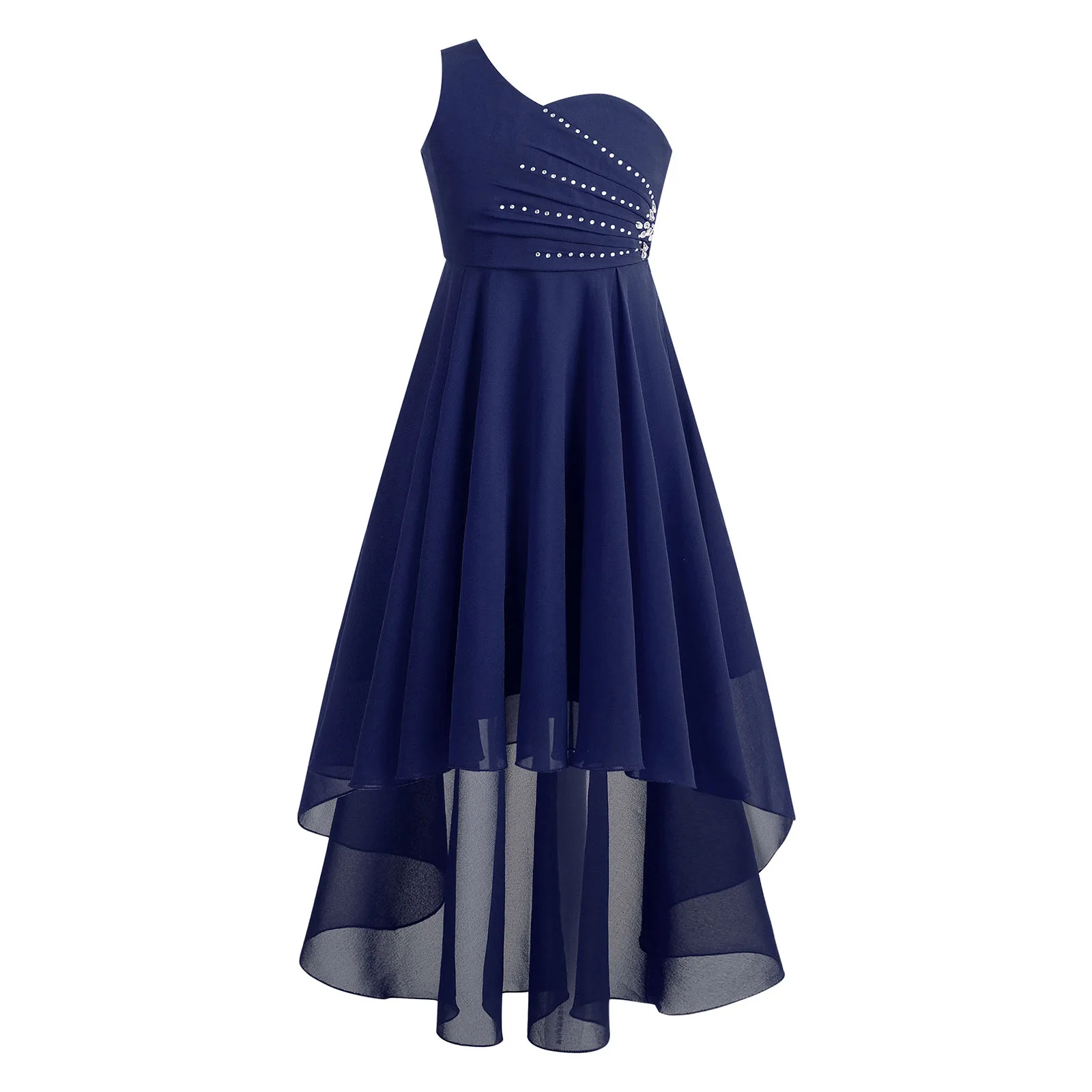 Elegant Kids Girls Birthday Party Dress mangas Strass um ombro brilhante High-Low Chiffon Dress para Wedding Bridesmaid