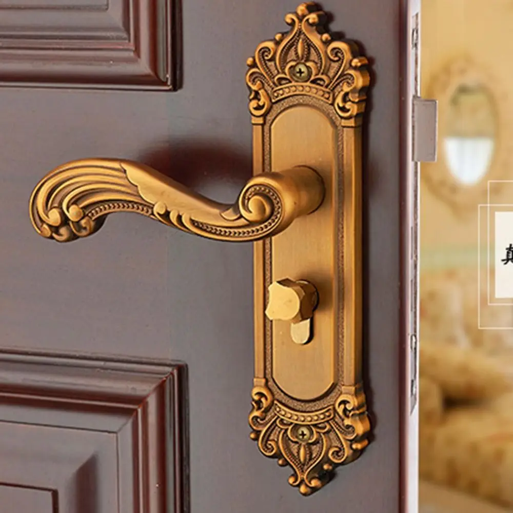 European Style Door Handle Locks Set Vintage Easy Install Security Lock Anti-theft with 3pcs Keys Interior Door Knobs Bedroom