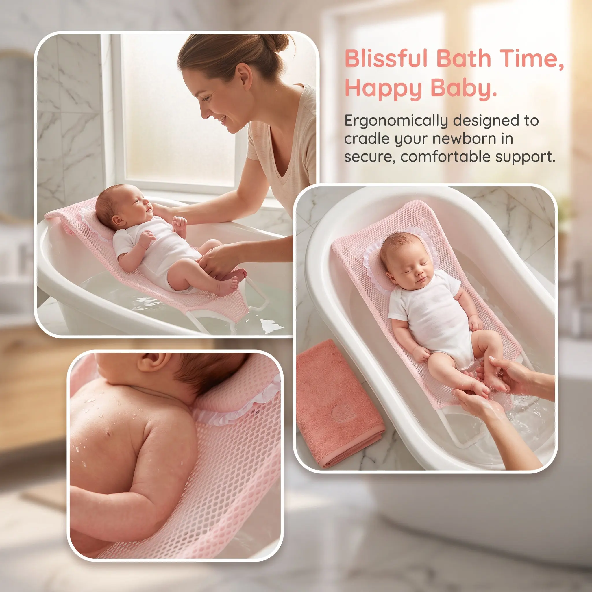 Baby Bath Seat Support Newborn Infant Shower Mesh Net Safety Anti Slip Comfortable Back Reversed U Buckle Tub Seat