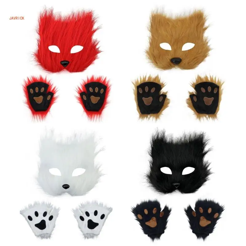 

Therians Mask and Paws Gloves for Women Girls Fuzzy Cats Foxes Wolf Mask Halloween Party Cosplay Costume Gift for Women Men