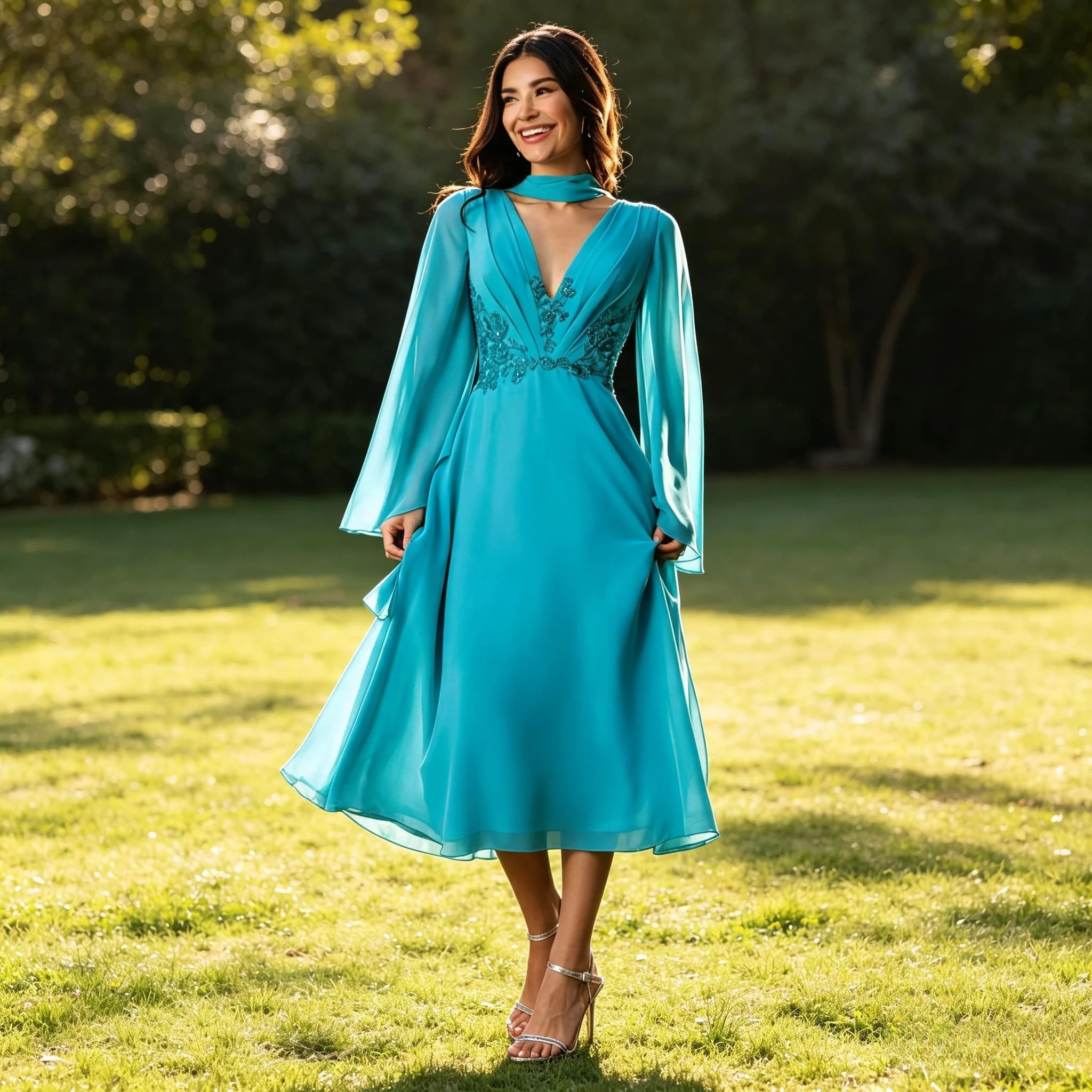 Customized Midi A Line Chiffon Mother of Bride Dress Deep V Neck Flared Long Sleeve Beaded Floral Applique Cocktail Party Gown