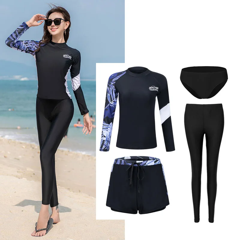 Women's Swimwear 2025 Long Sleeved Swimsuit 5 Pieces Surfing Suit Lady Plus Size Beach Rashguards Swimwer