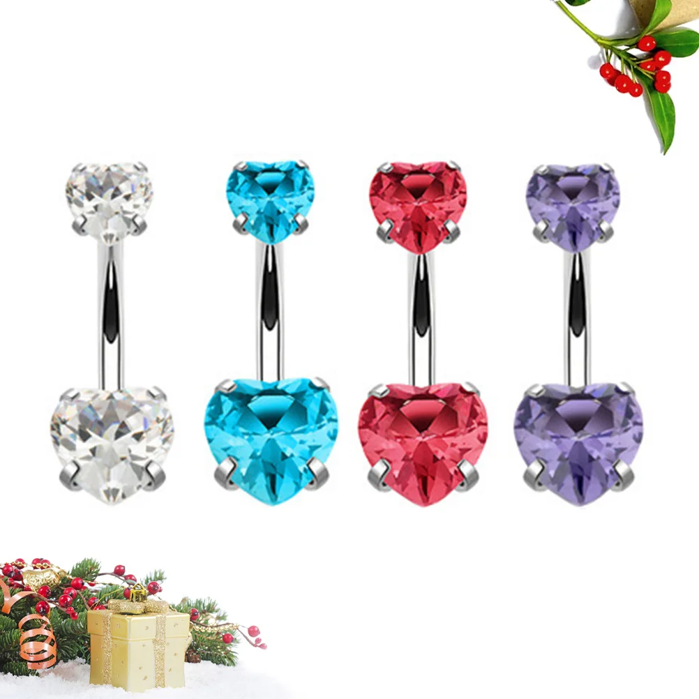 

4Pcs Heart Rhinestone Belly Button Rings Crystal Navel Jewelry for Girls Women Piercing Gift Summer Beach Party Accessory