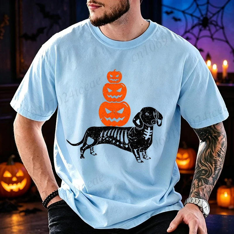 Funny skeleton dachshund stacked pumpkins Graphic T Shirt Men Halloween Tees Casual Summer Streetwear Family Matching Outfit