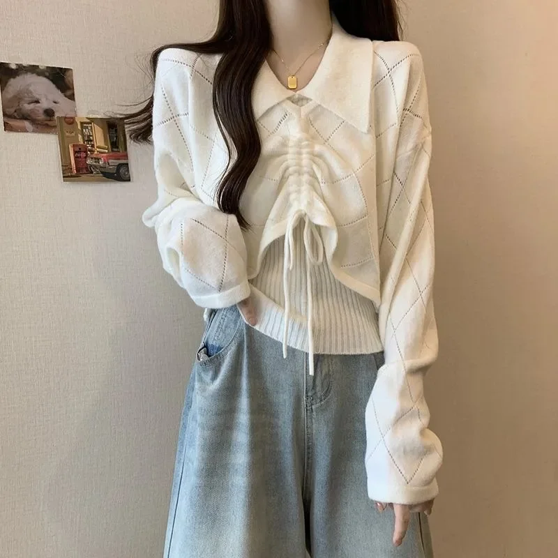 MiiiiX Office Lady Sweet Girl Fashion Pullovers Women's 2024 Autumn Women's Pleated Hollow Design Sweater Vest Top Two-piece Set