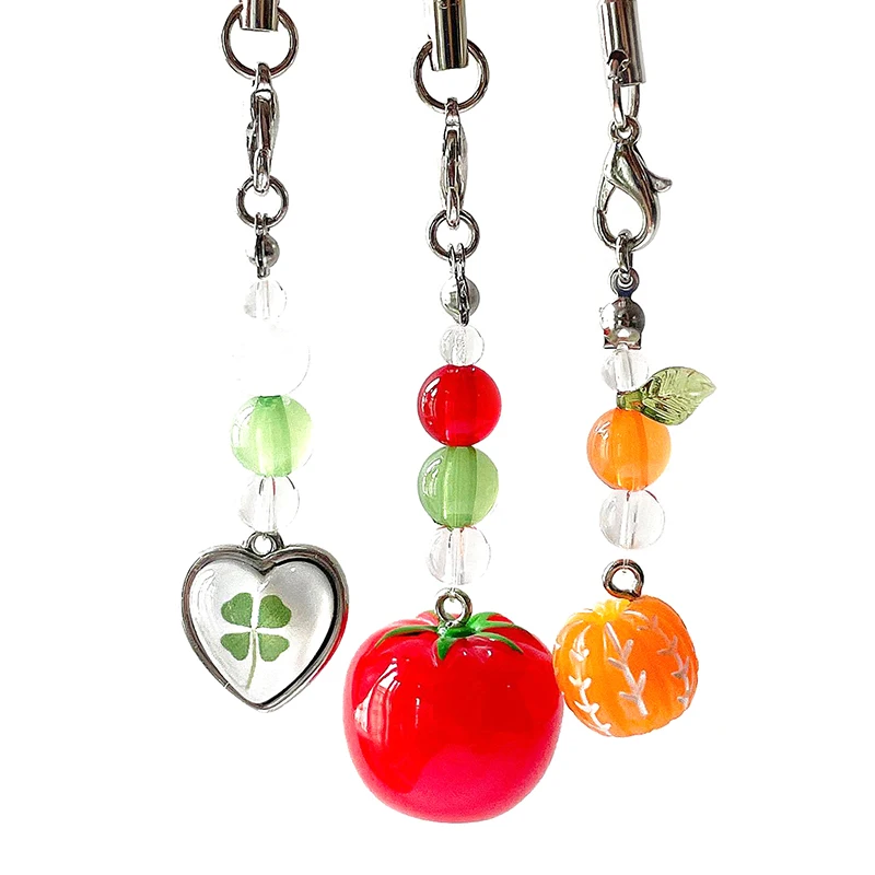 Crafted Sweet Fresh Simulation Tomato Orange Phone Chain Four-Leaf Clover Beaded Lucky Keychain Pendant Bag Charm For Girls Gift