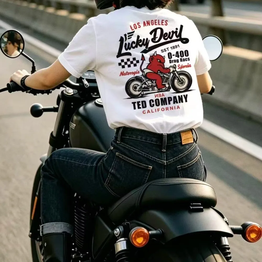 2026 New Vintage Biker Men Women Short Sleeve T Shirt, LA California Lucky Devil Ted Motorcycle Graphic Crew Neck Tops