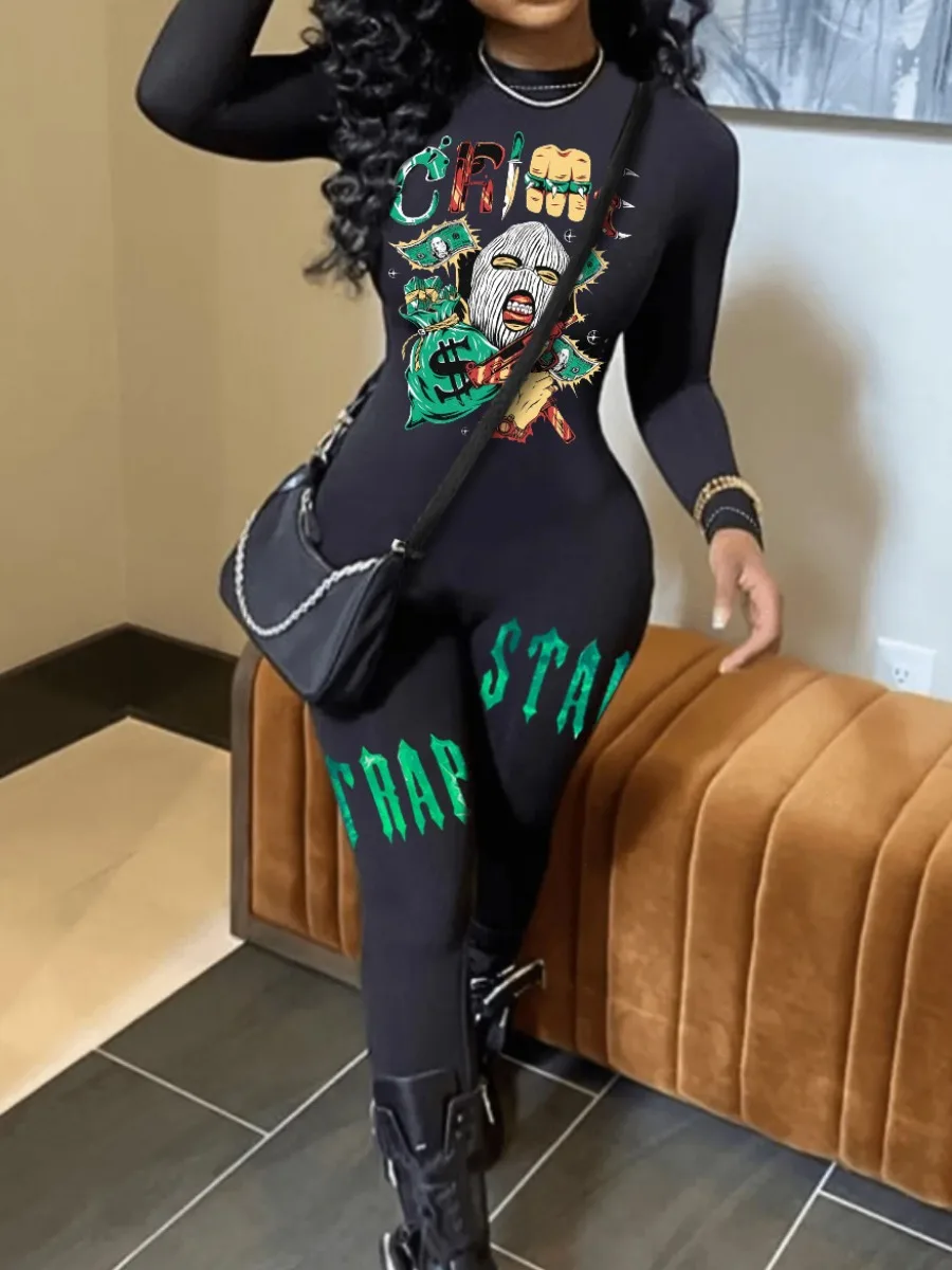 LW-monos ajustados con estampado de letras para mujer, mono de manga larga, mono ajustado para Halloween, Otoño, nuevo