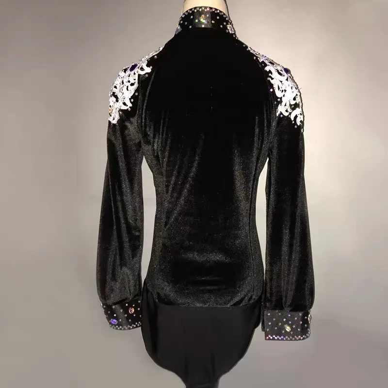Nowe męskie profesjonalne stroje taneczne z długim rękawem, błyszczące, zdobione dżetami, zaawansowane, czarne, do tańca latynoamerykańskiego, balowego, walca, flamenco, body taneczne.