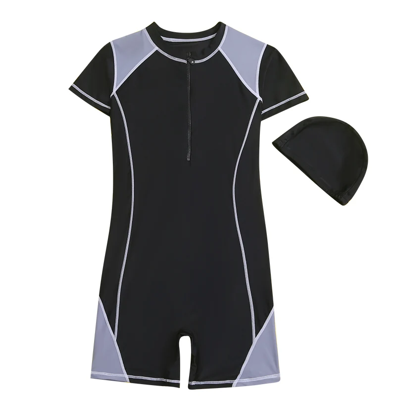 

Boys Patchwork Swimwear Front Zipper Rash Guards Quick Dry One Piece Swimsuit for Eldest Kids Children Beach Surf Bathing Suit