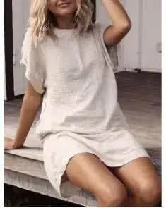 2020 Summer Women's Short Dress Loose Solid Color Cotton Linen Breathable Dress