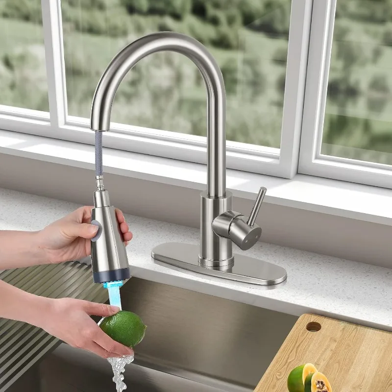 LED Kitchen Faucet with Pull Down Sprayer, Brushed Nickel Single Handle Kitchen Sink Faucet with Pull Out Sprayer