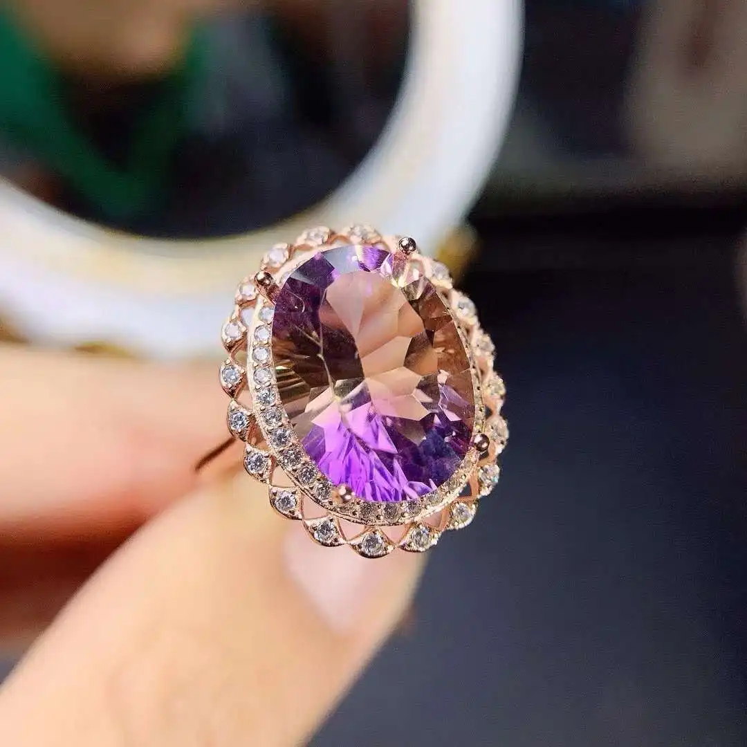 Pure Natural Ametrine Ring Big Stone 10*14mm Top Quality 925 Sterling Silver ring Female Party Jewelry