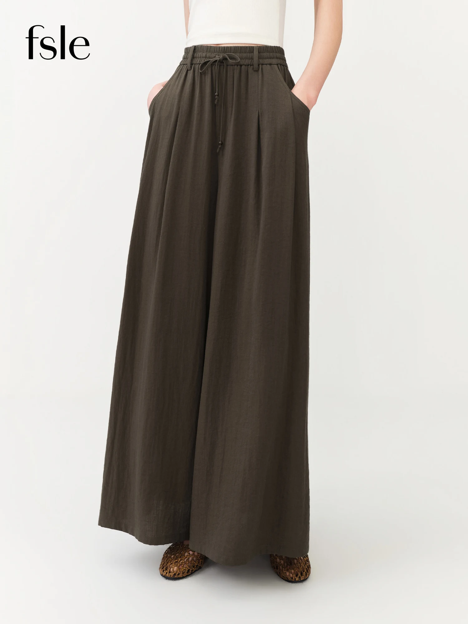 

FSLE Linen Wide-leg Pants for Women New Summer Style 2026 Relaxed Solid High-waisted Casual Pants Coffee Straight Ins