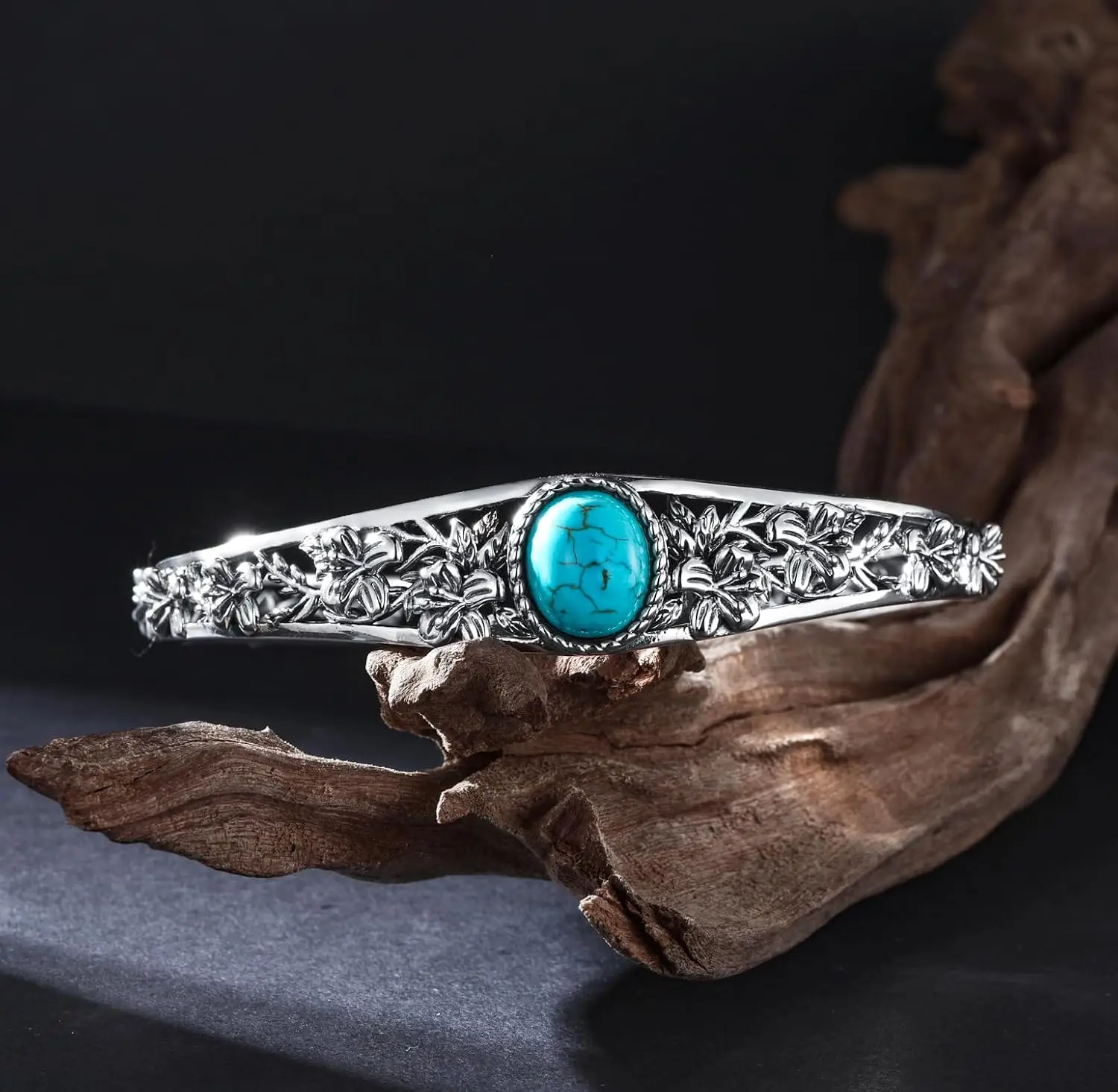 Genuine Turquoise Cuff Bracelet for Women, Sterling Silver Western Vintage Floral Bangle Native American Jewelry, For 6.5-7.5 Inch Wrists