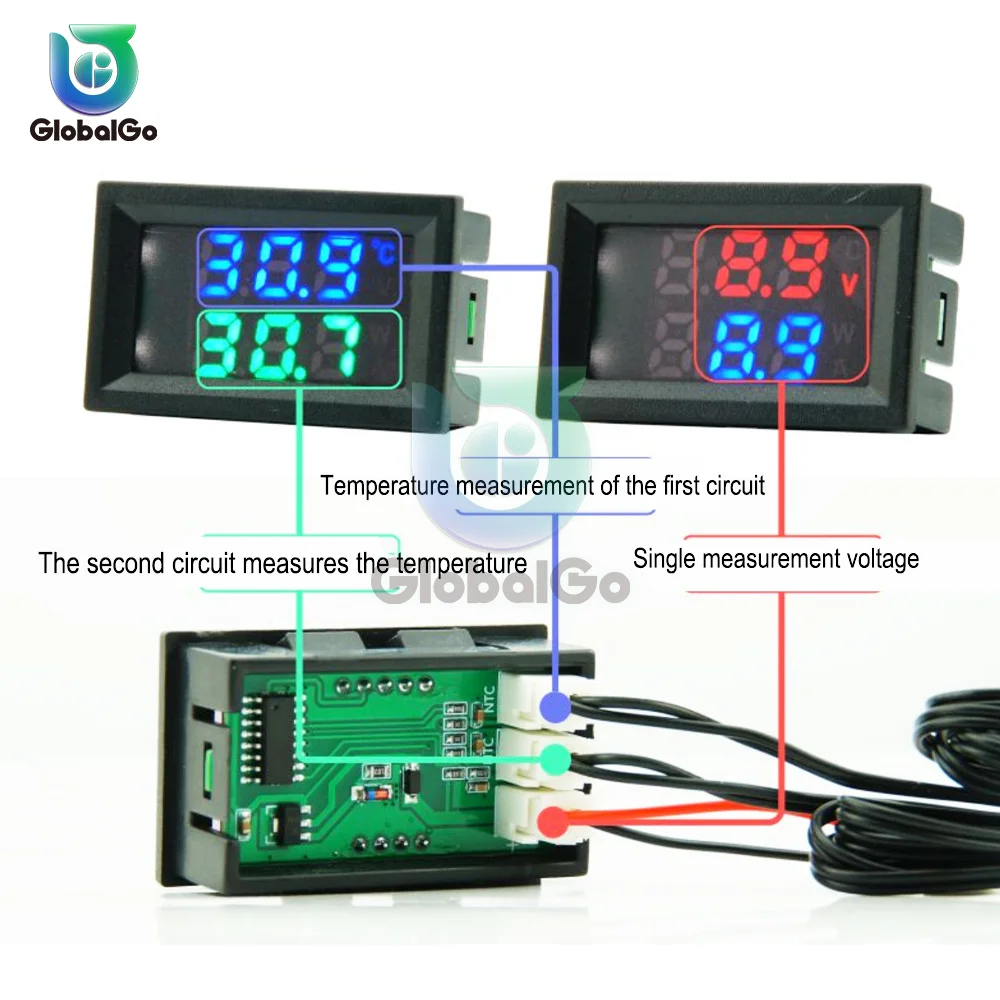 DC 4-30V 5V 12V 24V LED Display Dual Digital Temperature Sensor Single Voltage Dual Thermometer With NTC 10K 3950 Probe Cable