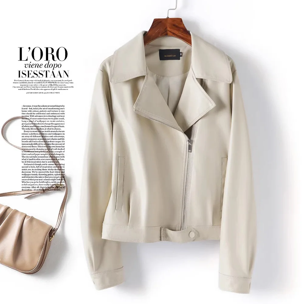 New Women Split Leather Short Coat Spring Autumn Fashion Turn-down Collar Long Sleeve Leather Jacket Simplicity Sweet Jacket view 3