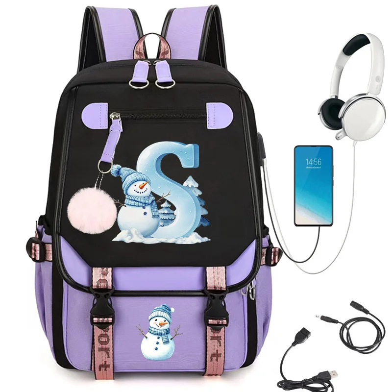 Christmas Snowman 26 Letter A-Z Backpack for Girls Boys Schoolbag Xmas Casual Travel USB Port Laptop Backpack School Bag