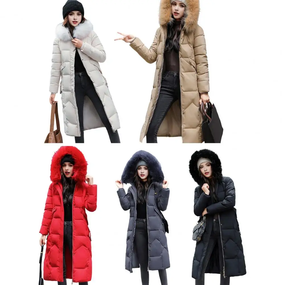 Slim Waist Winter Women Jacket Furry Hood Pockets Zipper Button Closure Cotton Coat Knee Length Mid Length Windproof Warm Coat