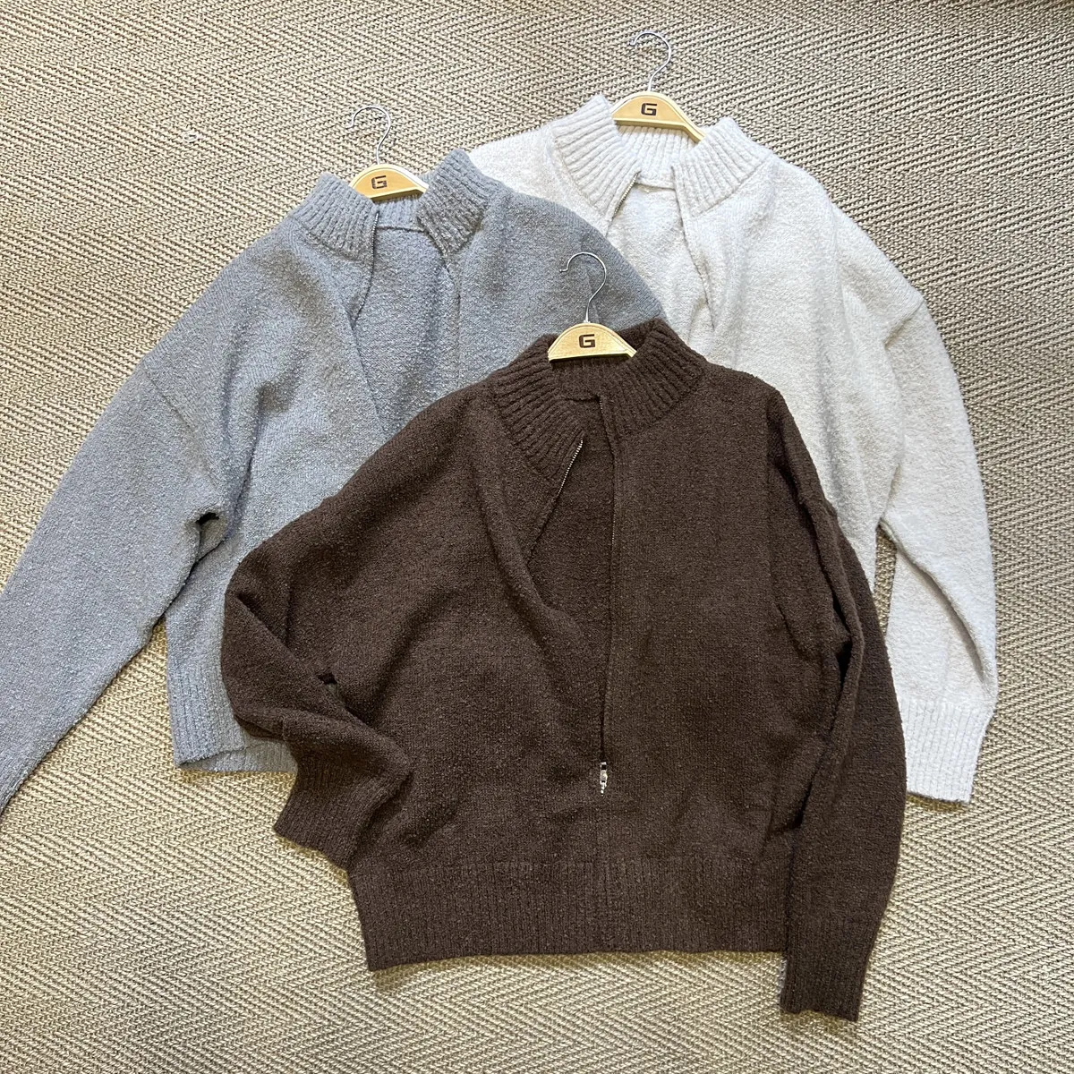 Textured Snagging Simple Solid Color Fashion Knitted Coat Autumn and Winter Half Turtleneck Cardigan Zipper Sweater Retro