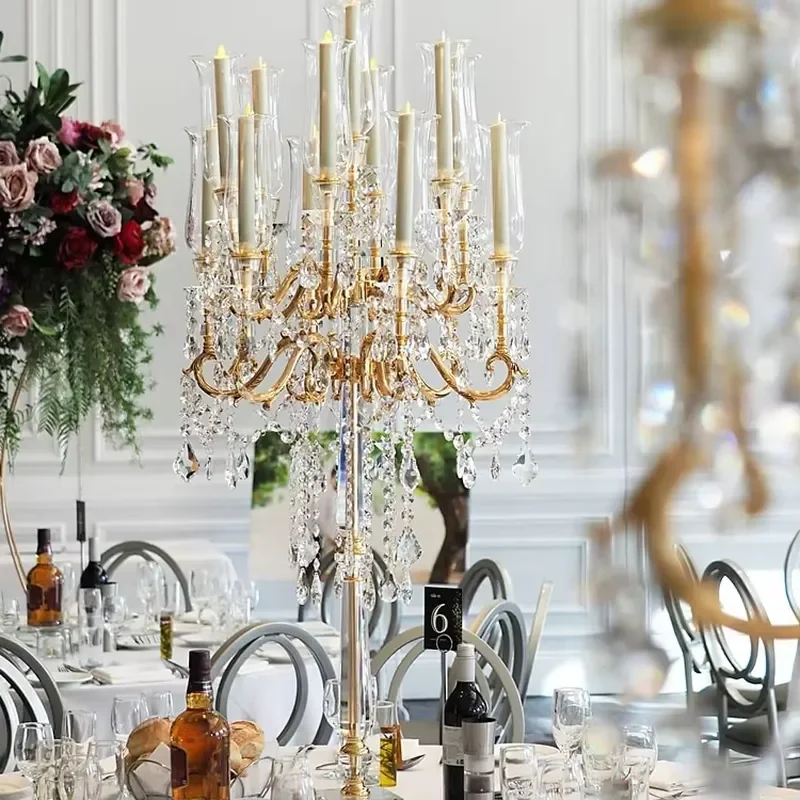 13 Arm Gold Metal Candlestick Tall Crystal Glass Floor Holder Wedding Table Ornament Elegant Home Decor Centerpiece Party