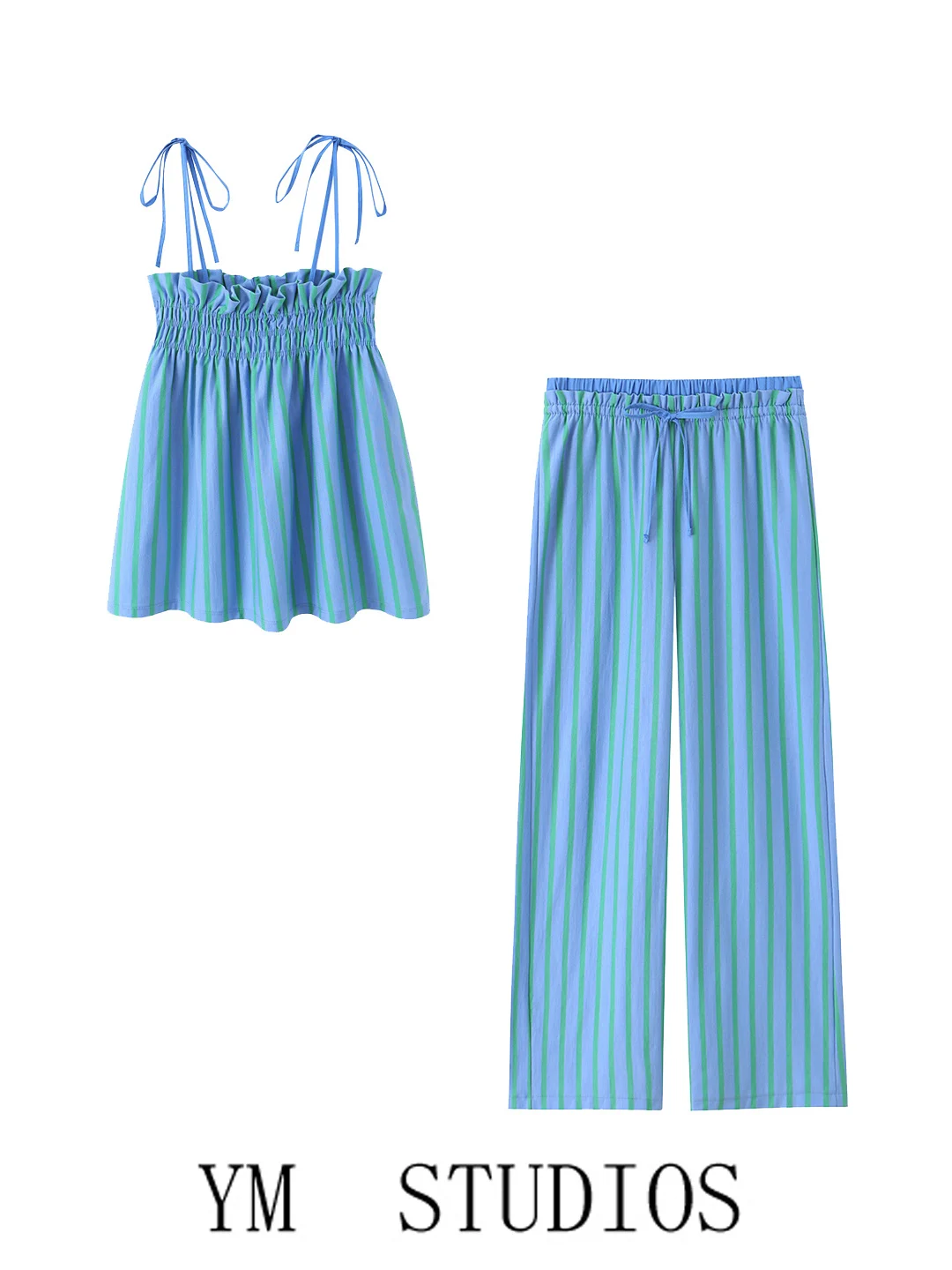 Blue Striped Crop Top And High Waist Wide Leg Pants Two Piece Set Women's Loose Fit Polyester Vest Outfit Summer Collection