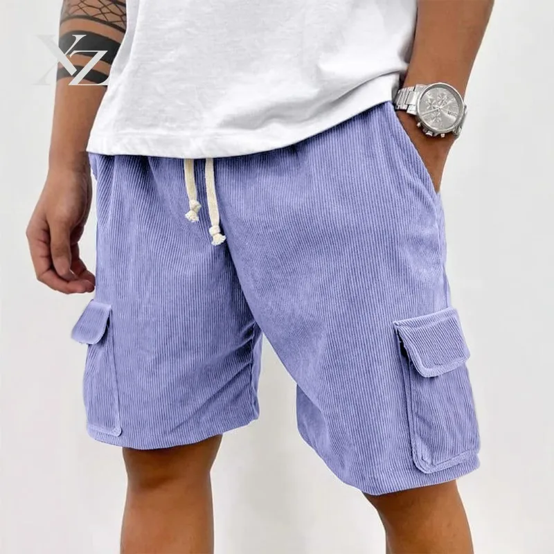 Opening Sale |Men's Corduroy Cargo Shorts Mint Green Elastic Drawstring Waist Multi-Pocket Casual Summer Casual mid-length Short