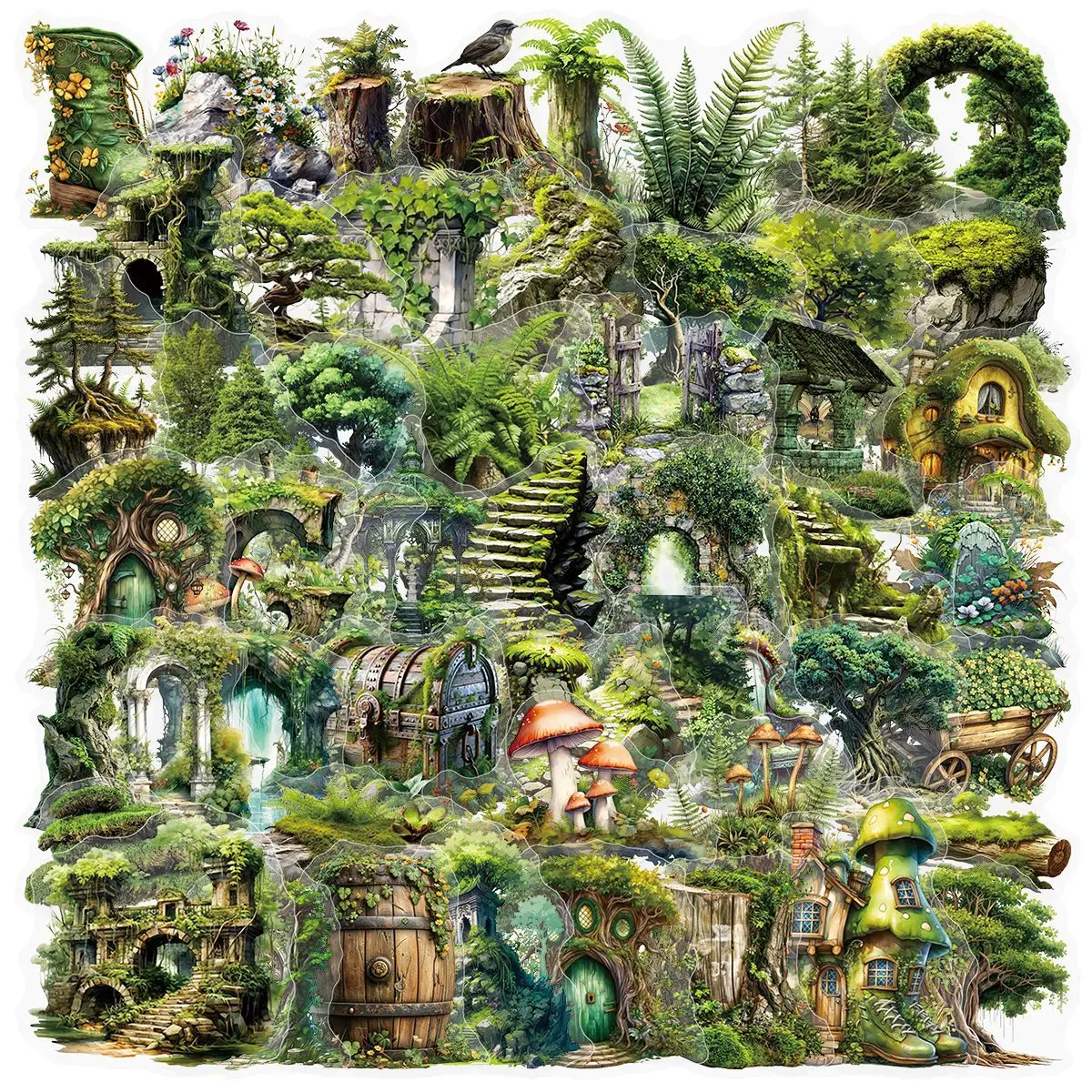 50 Pcs Forest Theme Green Waterproof PET Transparent Stickers Journal Supplies Phone Case Notebook Wall Decoration