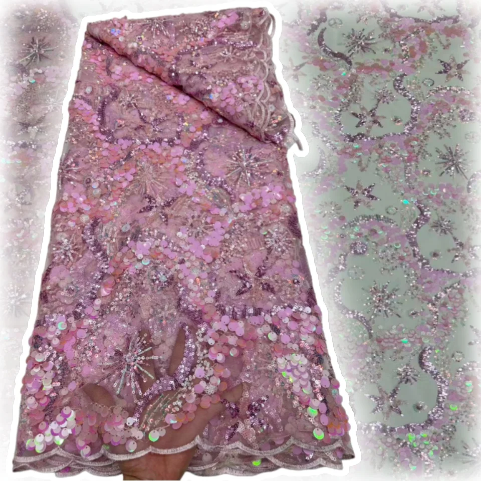 

Розовая кружевная ткань с блестками, роскошная нигерийская кружевная ткань, 2025, высококачественная кружевная ткань с оранжевым бисером для свадьбы, AH1623