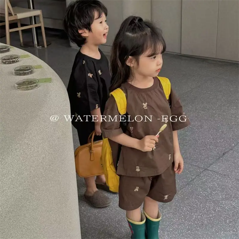 

Children's Summer Set 2026 New Boys and Girls Baby Bear Embroidered Short Sleeve T-shirt Short Pants Set