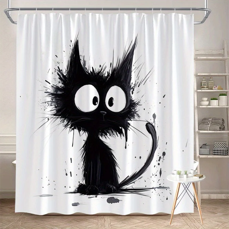 Striking Black Cat Pop Art Shower Curtain with Dramatic Splatter Design for Bathroom Decor