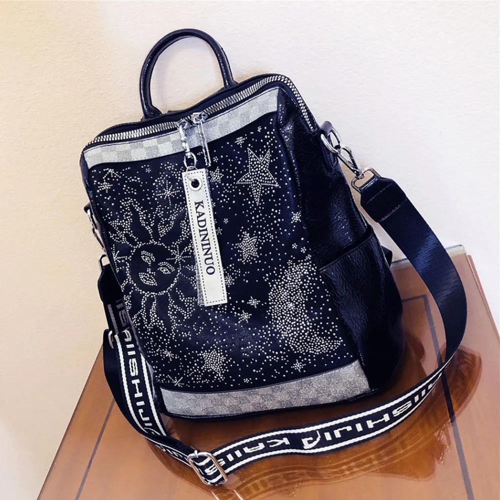 Fashion Rhinestone Backpack Soft Leather School Bag Large Capacity Women Travel Backpack Top Quality Anti-Theft Rucksack Mochila