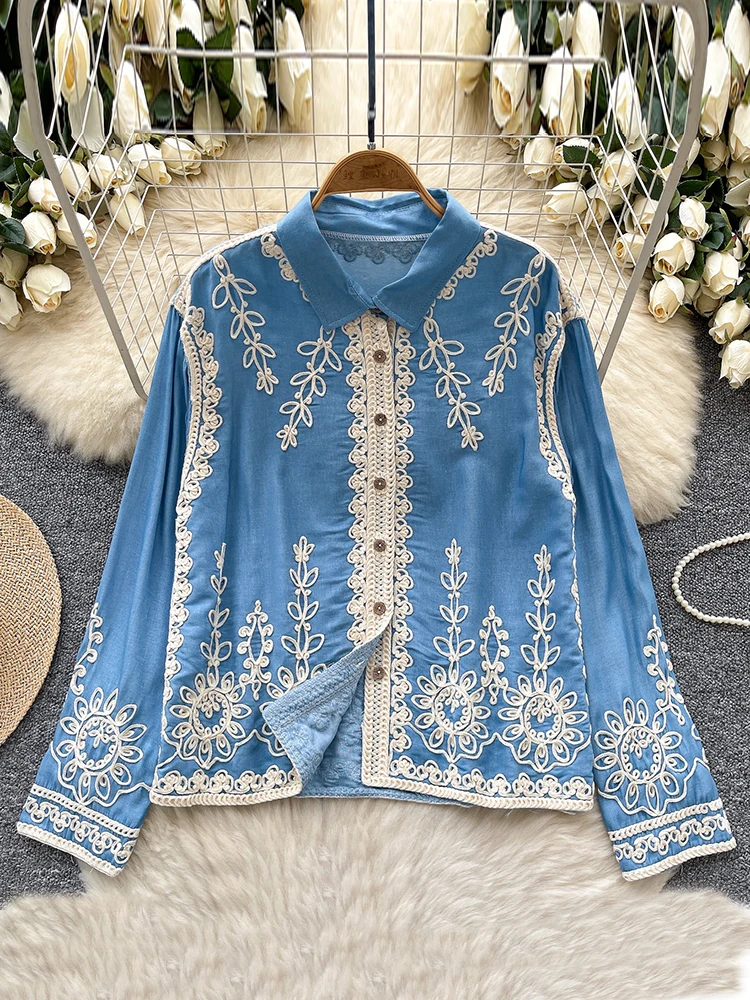 

Women Shirt Spring Summer Embroidered Long Sleeve Korean Style Blusa Loose and Versatile Single Breasted Blouse Female Top BL125