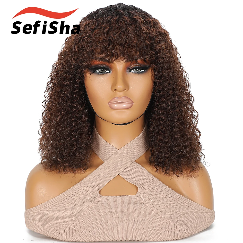 

14 Inch Short Bob Curly Human Hair Wigs with Bangs 200% Density No Lace Front Natural Black Women Wigs Colour 1B/4#