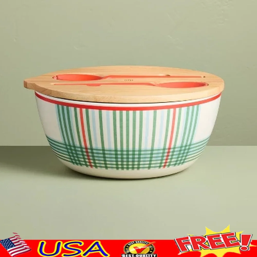 

4PC Melamine Serving Bowl Utensil Set Round Bowl Lid Spoon Fork Dishwasher Safe Kitchen Picnic Dining Party Accessories